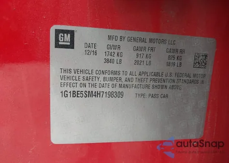 2017 Chevrolet Cruze Lt Auto z USA, uszkodzony, nr VIN 1G1BE5SM4H7198309